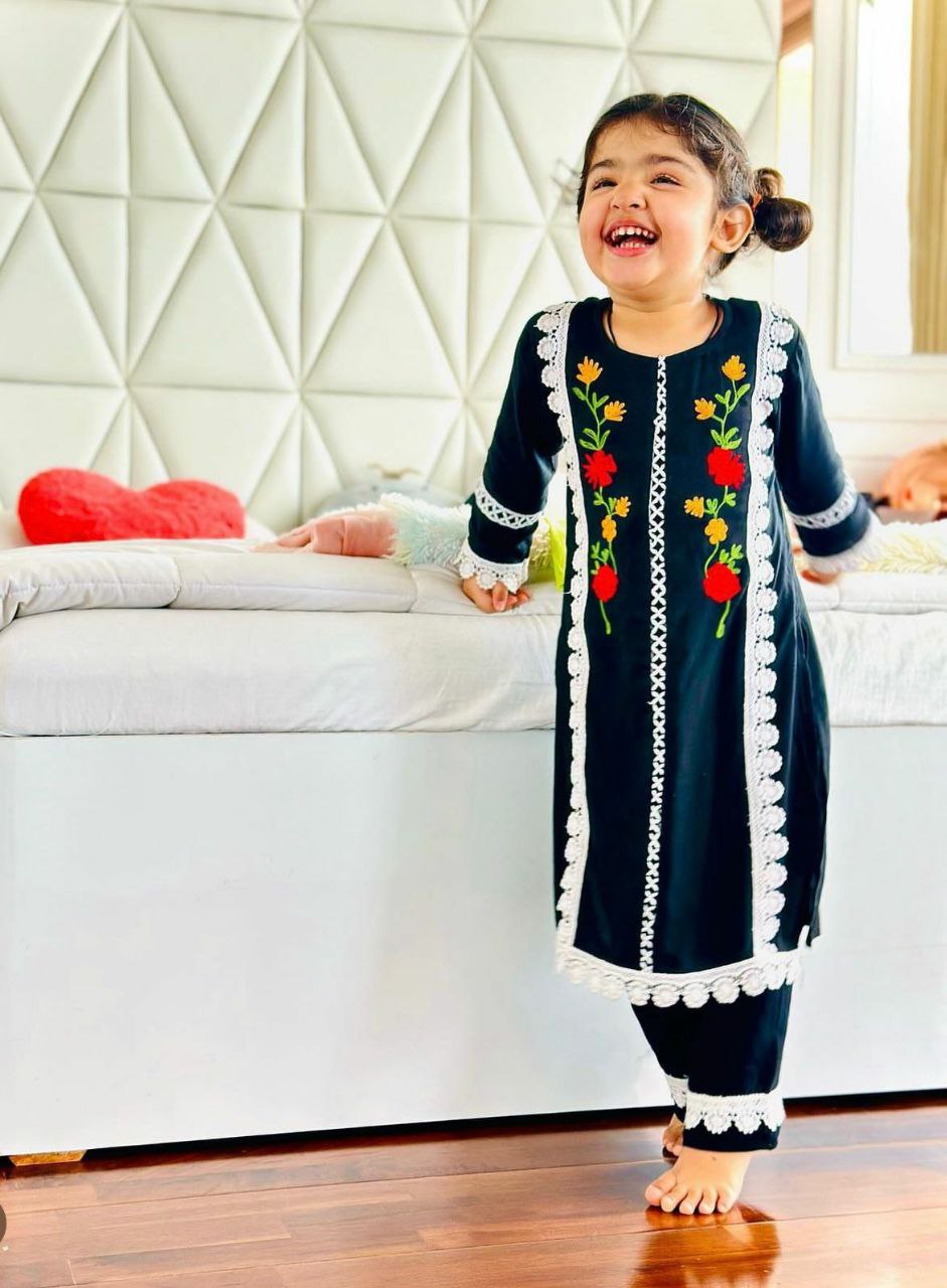 Black Color Kids Top and Pant Pair in Georgette With Beautiful Embroidery