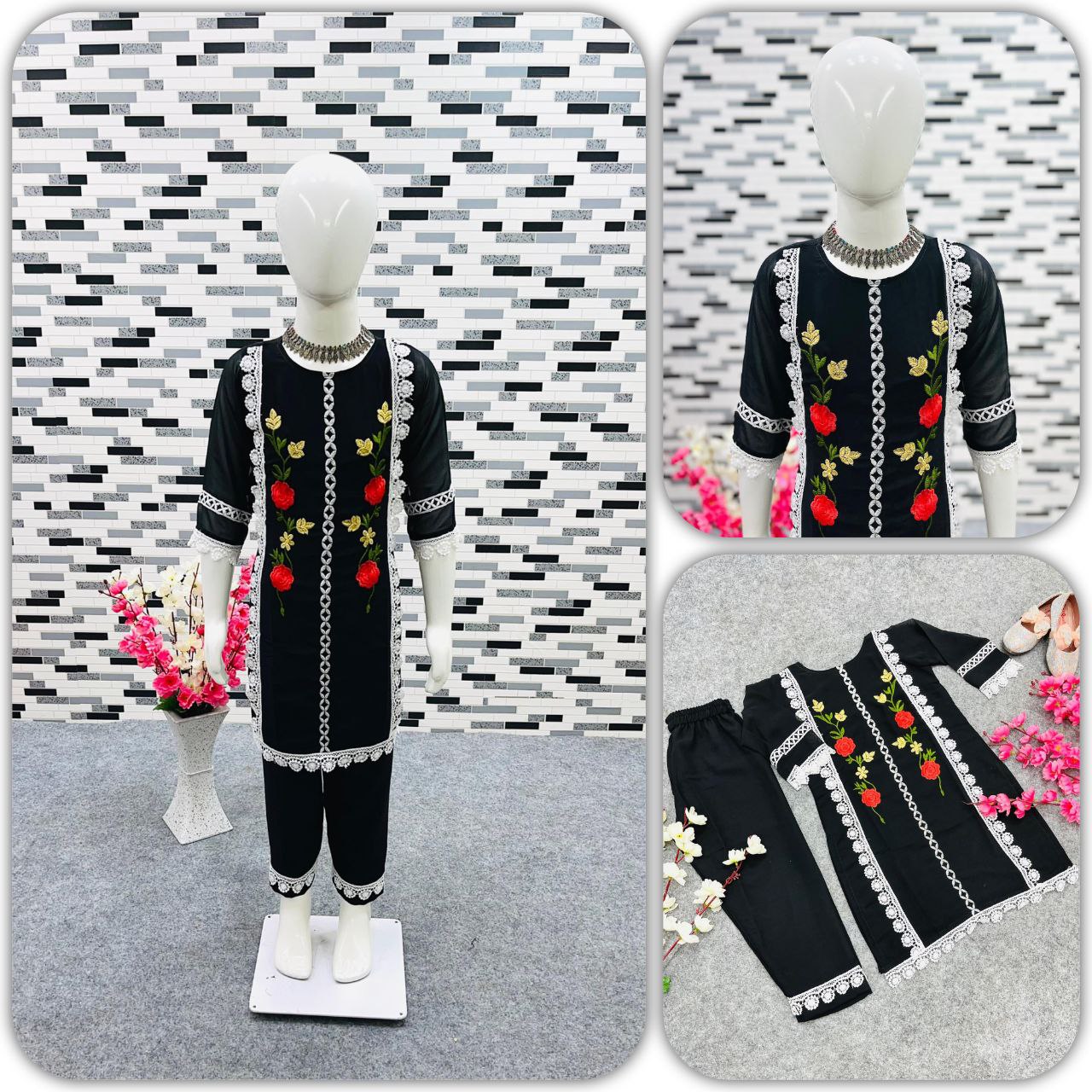 Black Color Kids Top and Pant Pair in Georgette With Beautiful Embroidery