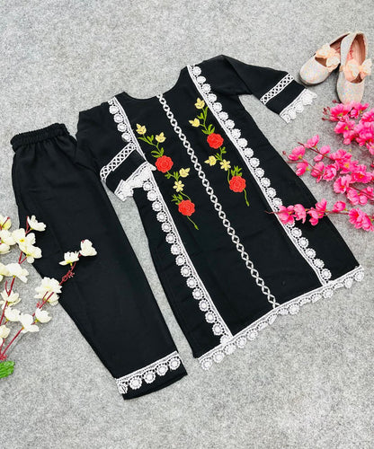 Black Color Kids Top and Pant Pair in Georgette With Beautiful Embroidery