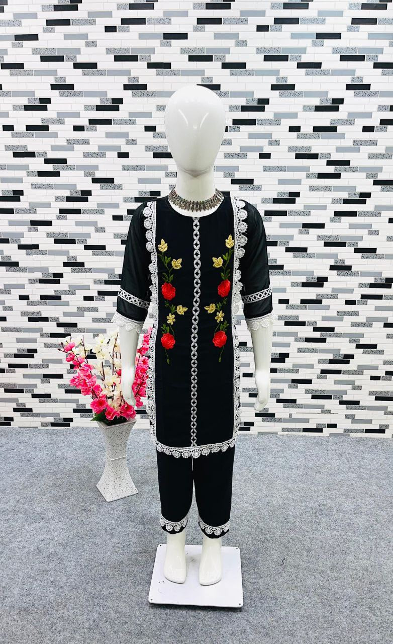 Black Color Kids Top and Pant Pair in Georgette With Beautiful Embroidery