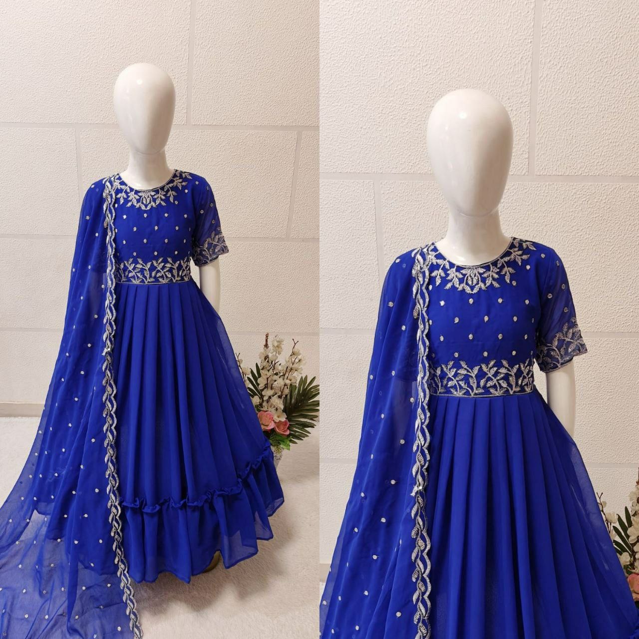 Royal Blue Color Kids Gown in Georgette With Embroidery and Frill Work With Dupatta