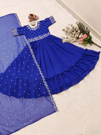 Royal Blue Color Kids Gown in Georgette With Embroidery and Frill Work With Dupatta