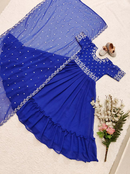 Royal Blue Color Kids Gown in Georgette With Embroidery and Frill Work With Dupatta