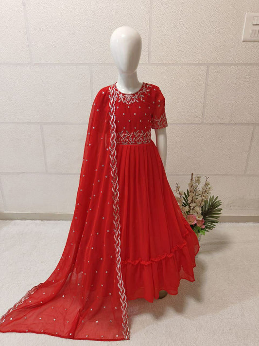 Red Color Kids Gown in Georgette With Embroidery and Frill Work With Dupatta