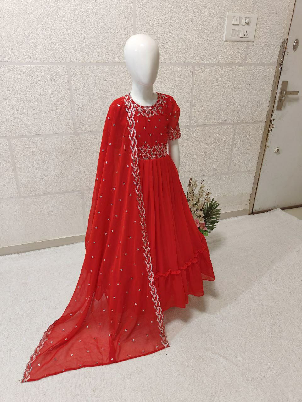 Red Color Kids Gown in Georgette With Embroidery and Frill Work With Dupatta