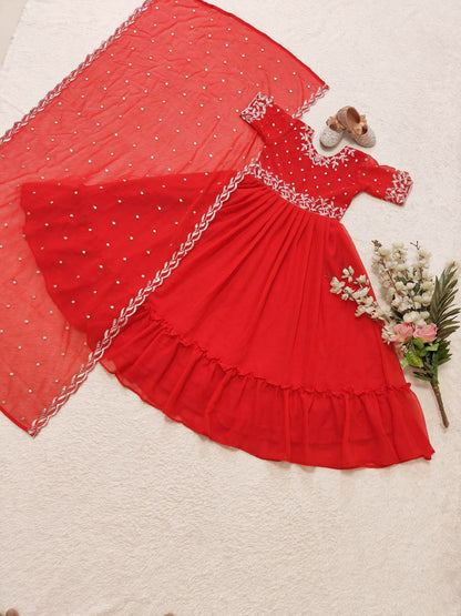 Red Color Kids Gown in Georgette With Embroidery and Frill Work With Dupatta