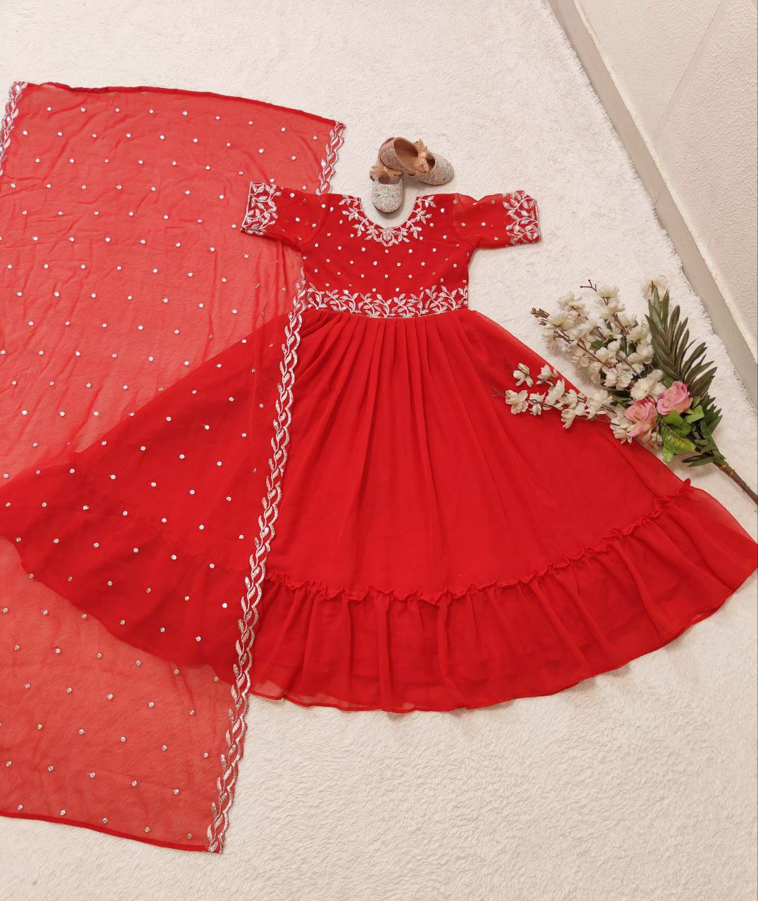 Red Color Kids Gown in Georgette With Embroidery and Frill Work With Dupatta