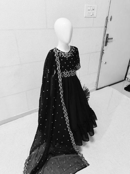 Black Color Kids Gown in Georgette With Embroidery and Frill Work With Dupatta