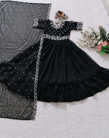 Black Color Kids Gown in Georgette With Embroidery and Frill Work With Dupatta