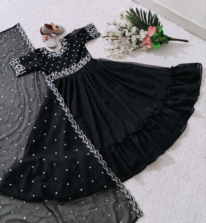 Black Color Kids Gown in Georgette With Embroidery and Frill Work With Dupatta