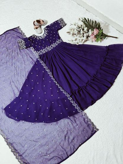 Purple Color Kids Gown in Georgette With Embroidery and Frill Work With Dupatta