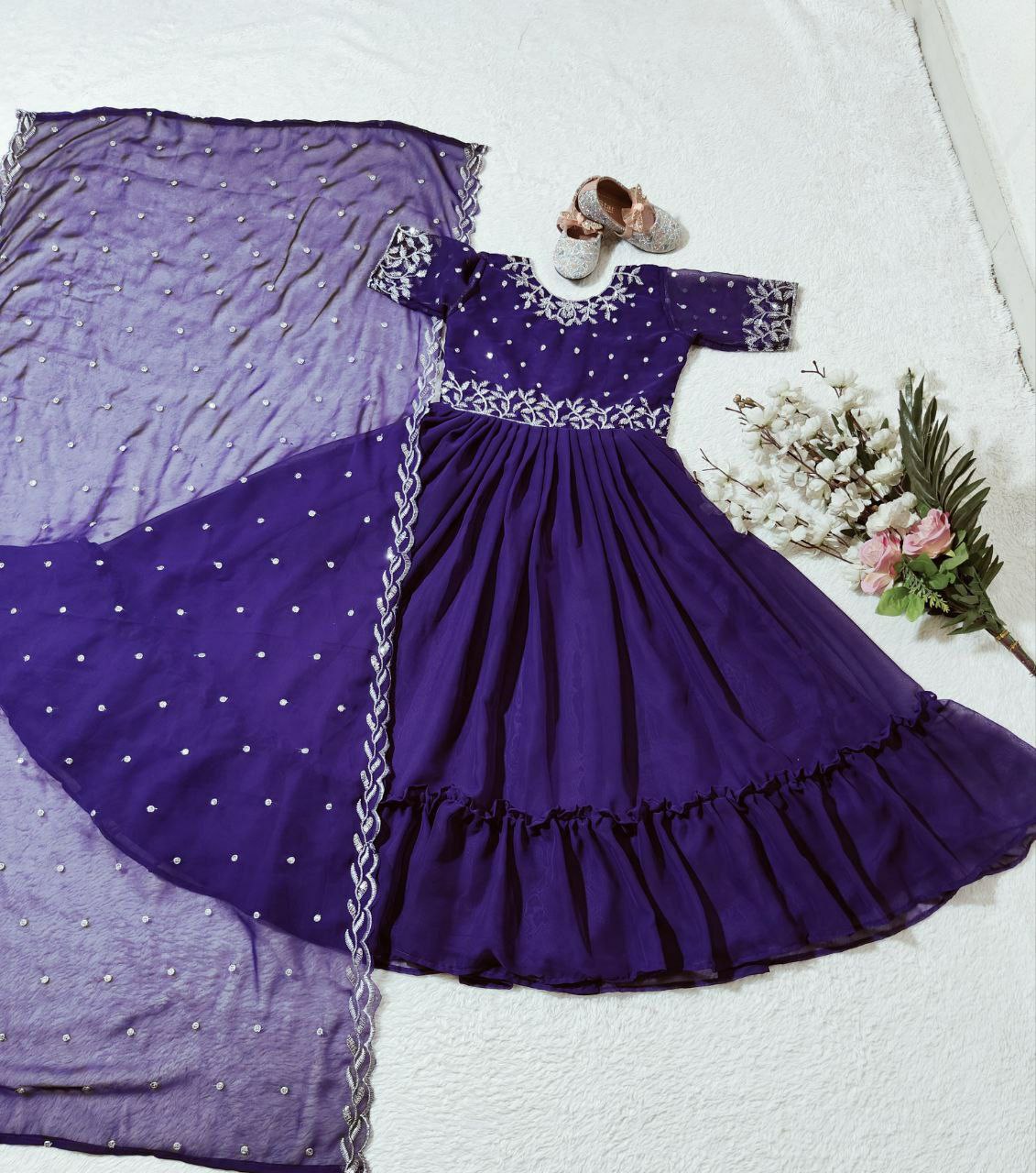 Purple Color Kids Gown in Georgette With Embroidery and Frill Work With Dupatta