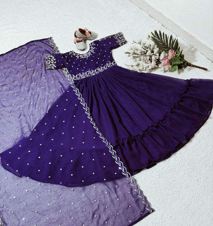 Purple Color Kids Gown in Georgette With Embroidery and Frill Work With Dupatta