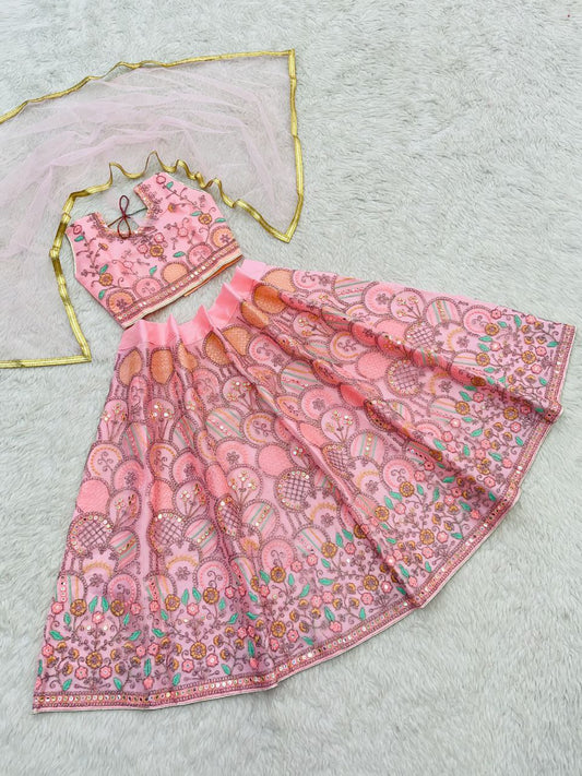 Heavy Mono Net Pink Festival Wear Embroidery Work Kids Lehenga Choli