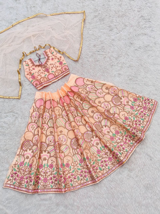 Heavy Mono Net Pink Festival Wear Embroidery Work Kids Lehenga Choli