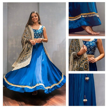 Blue Color Digital Printed Blouse With Plain Lehenga For Navratri Fest