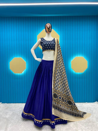 Blue Color Digital Printed Blouse With Plain Lehenga For Navratri Fest