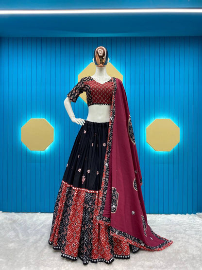 Black Color Reyon With Printed Work Navratri Special Lehenga Choli Set