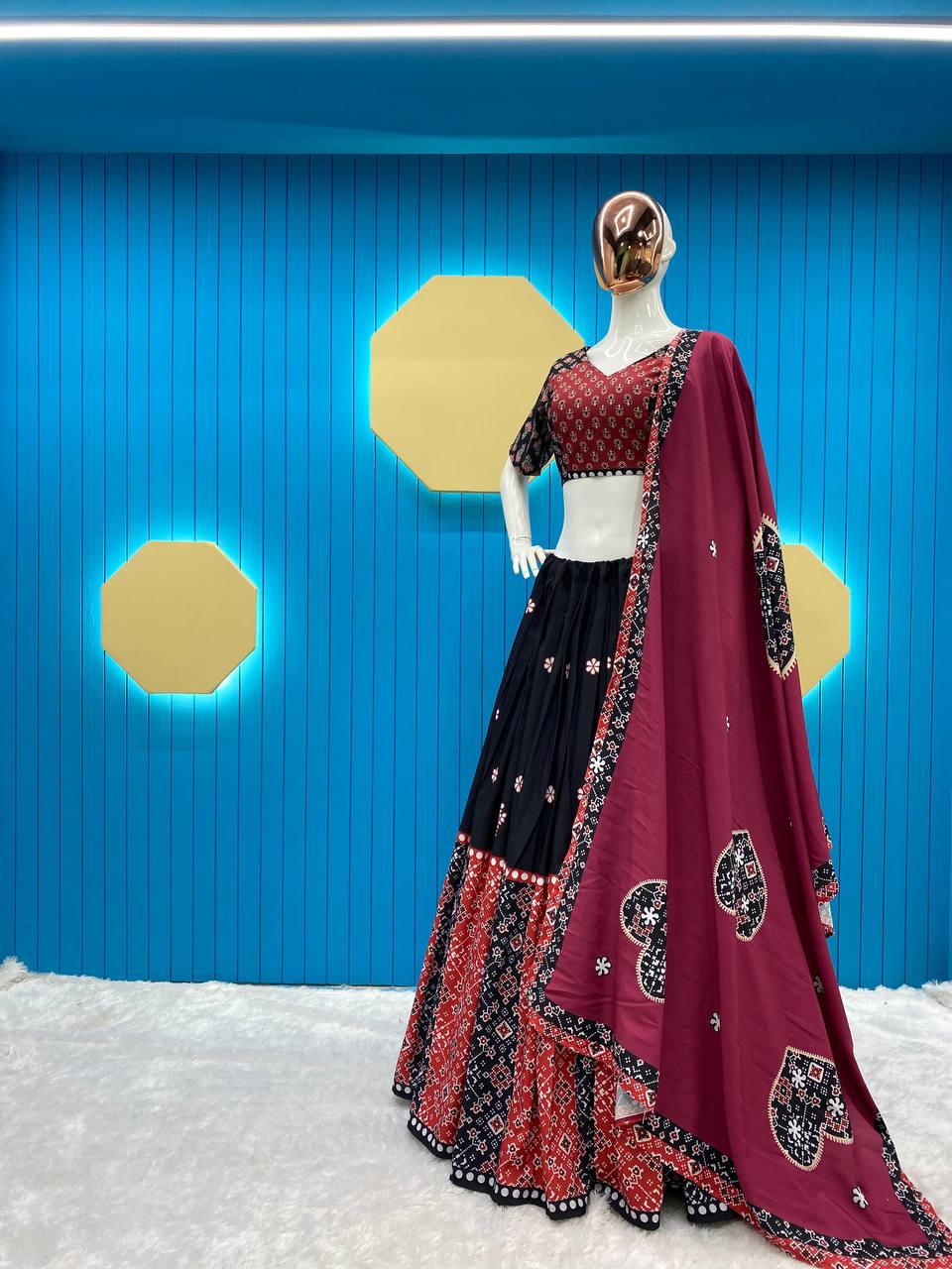 Black Color Reyon With Printed Work Navratri Special Lehenga Choli Set