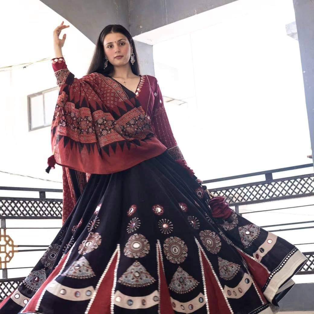 Black Color Rayon With Printed Navratri Special Designer Lehengas