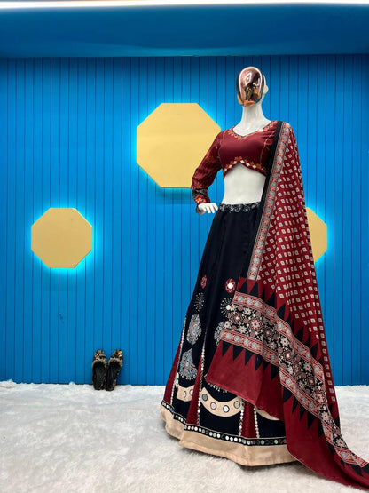 Black Color Rayon With Printed Navratri Special Designer Lehengas