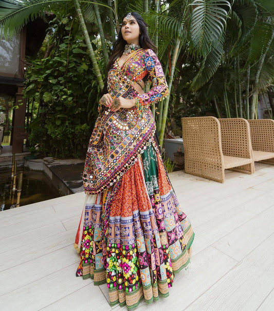 BUTTER SILK Multicolor Digital Printed Mirror Work Designer Navratri Lehenga Choli