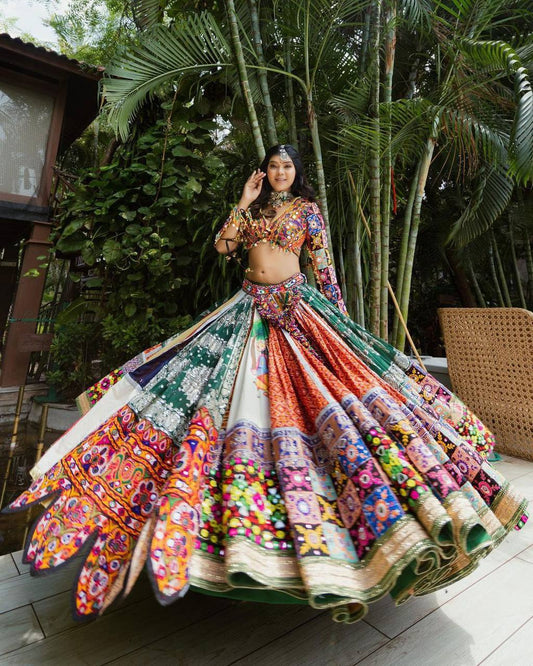 BUTTER SILK Multicolor Digital Printed Mirror Work Designer Navratri Lehenga Choli