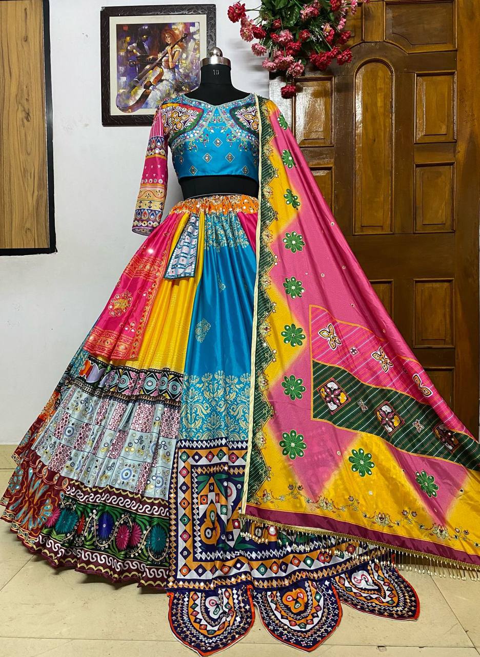 Orange and black Navratri Special Designer Lehenga Choli With Printed Butter Silk Material & pasted Mirror. Express shipping UK, offers US, Canada