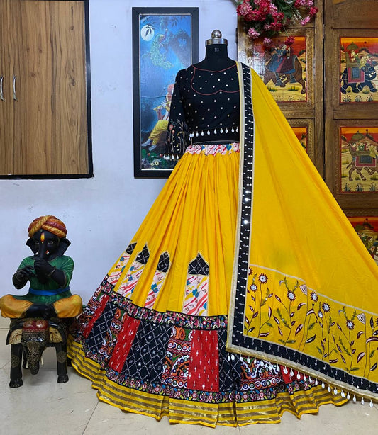 Yellow cotton print and mirror work gujarati garba navratri lehenga chaniya choli