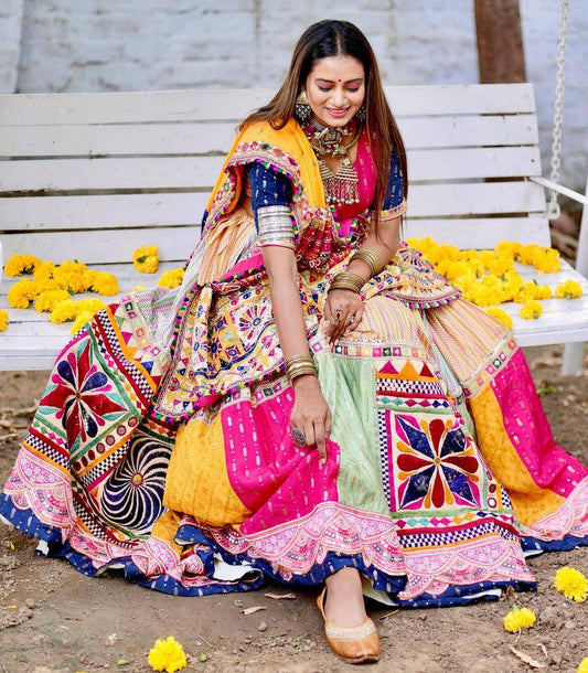 Multicolor cotton print and mirror work gujarati garba navratri lehenga chaniya choli