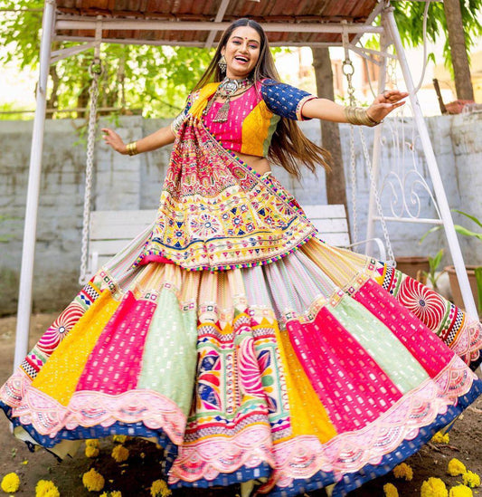 Multicolor cotton print and mirror work gujarati garba navratri lehenga chaniya choli