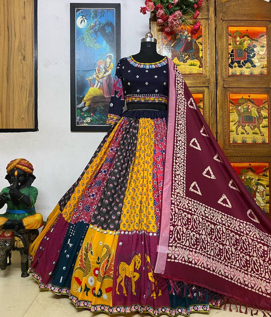 Multi color muslin cotton lehenga choli & dupatta