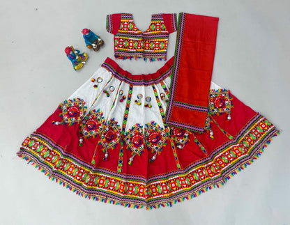 Navratri Wear White Mirror Work Rayon Kids Lehenga Choli