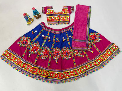 Navratri Wear White Mirror Work Rayon Kids Lehenga Choli