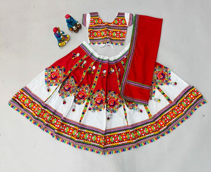 Navratri Wear White Mirror Work Rayon Kids Lehenga Choli