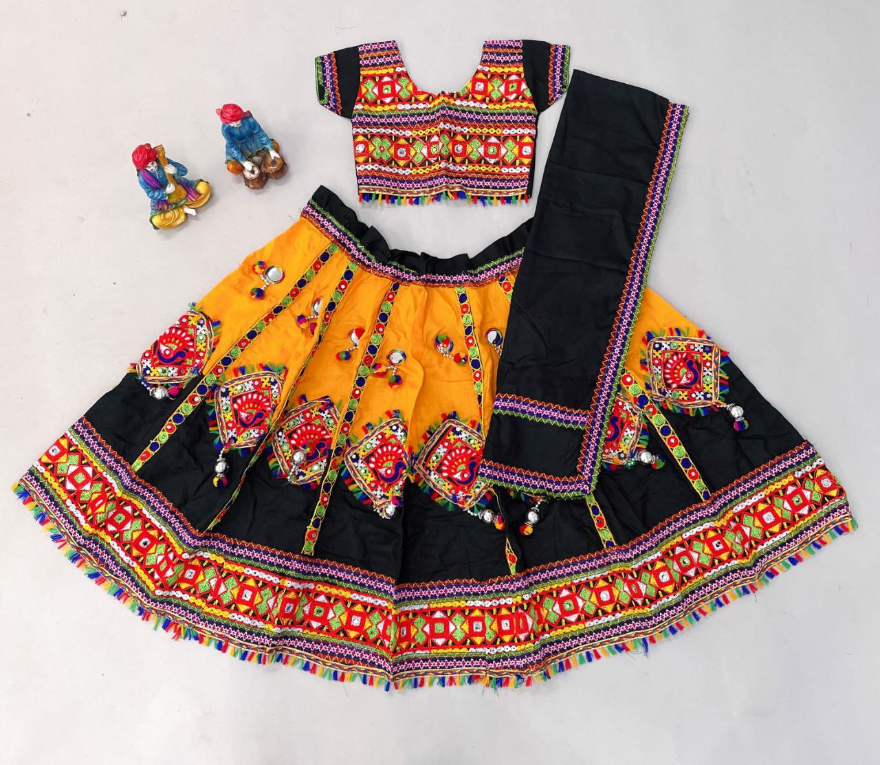 Navratri Wear White Mirror Work Rayon Kids Lehenga Choli