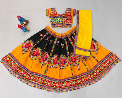 Navratri Wear White Mirror Work Rayon Kids Lehenga Choli