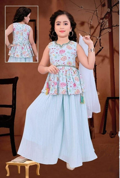 Sky Blue Color Kids Kurta Palazzo Set in Georgette With Beautiful Print