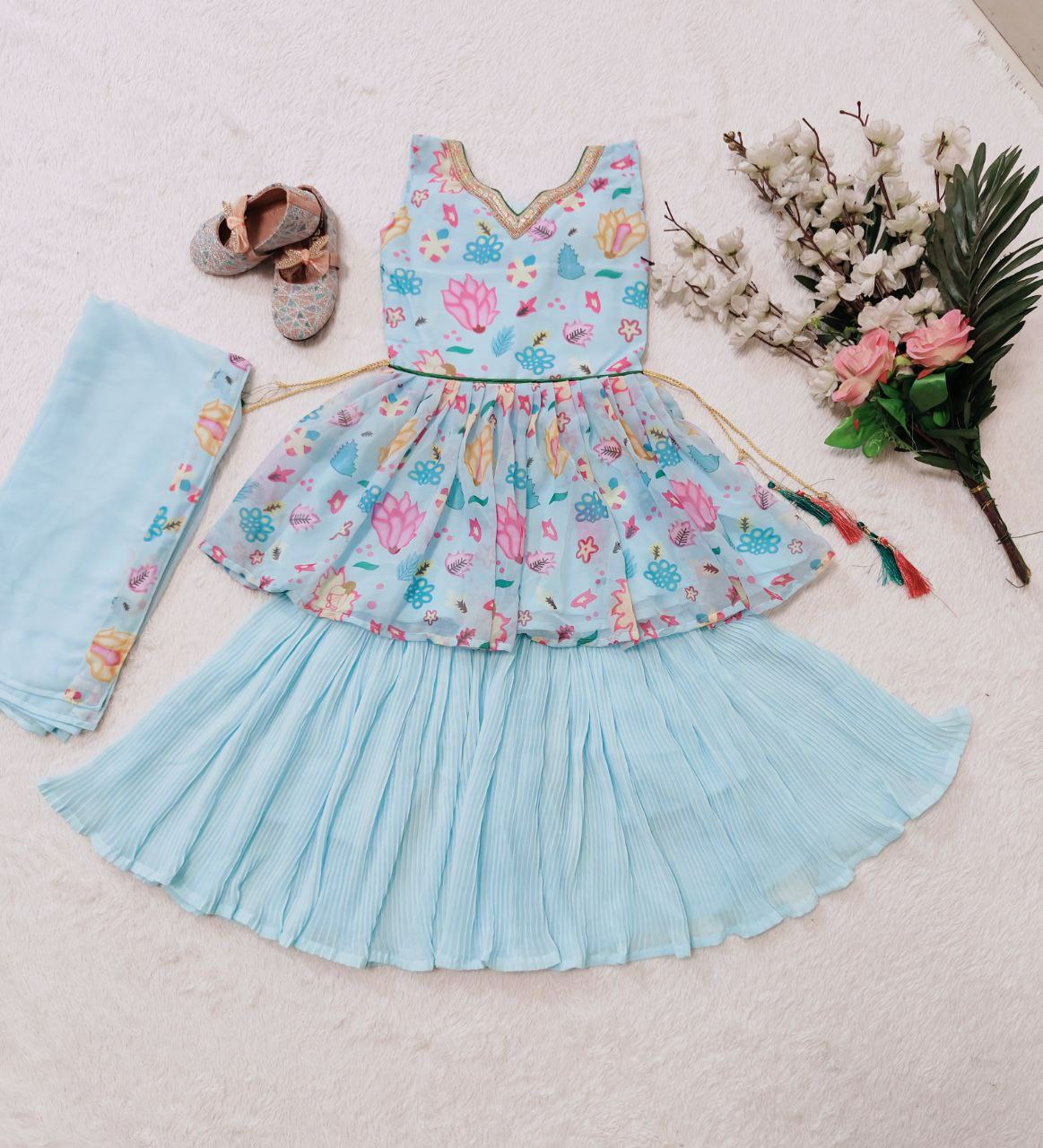 Sky Blue Color Kids Kurta Palazzo Set in Georgette With Beautiful Print