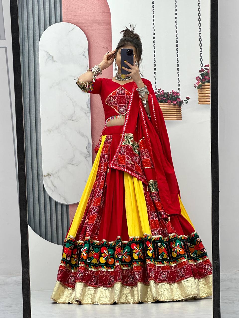 Traditional Gamthi Style Red Color Navratri Designer Pure Cotton Lehenga Choli