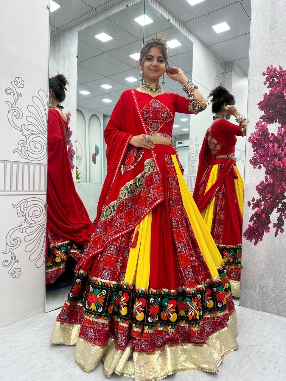 Traditional Gamthi Style Red Color Navratri Designer Pure Cotton Lehenga Choli