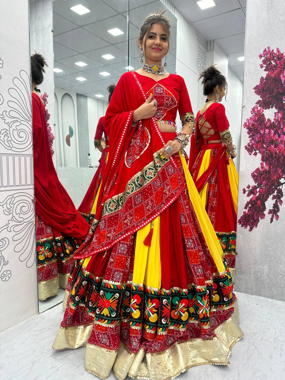 Traditional Gamthi Style Red Color Navratri Designer Pure Cotton Lehenga Choli