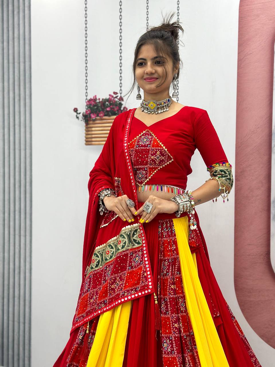 Traditional Gamthi Style Red Color Navratri Designer Pure Cotton Lehenga Choli