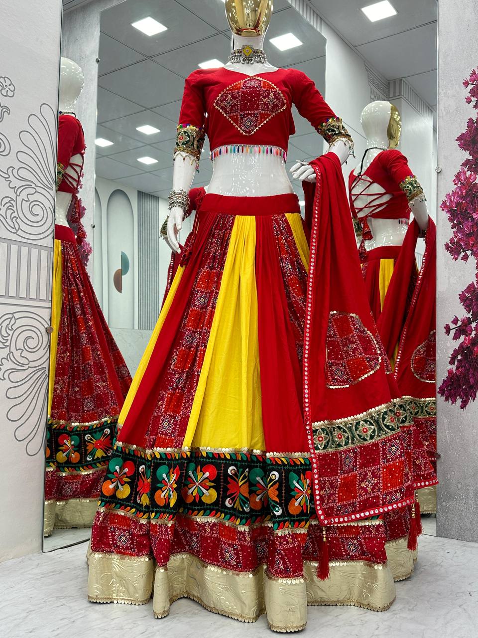 Traditional Gamthi Style Red Color Navratri Designer Pure Cotton Lehenga Choli