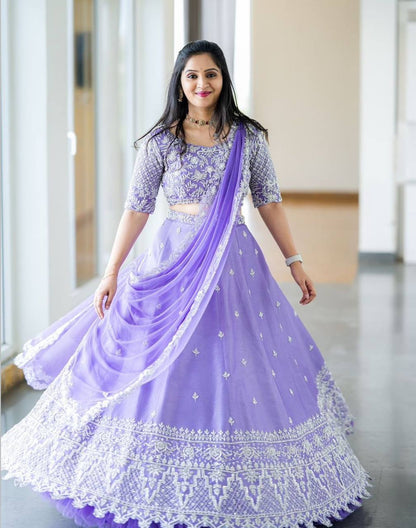 Ready to Wear Lavender Colour Embroidery Sequence Work Lehenga Choli Set