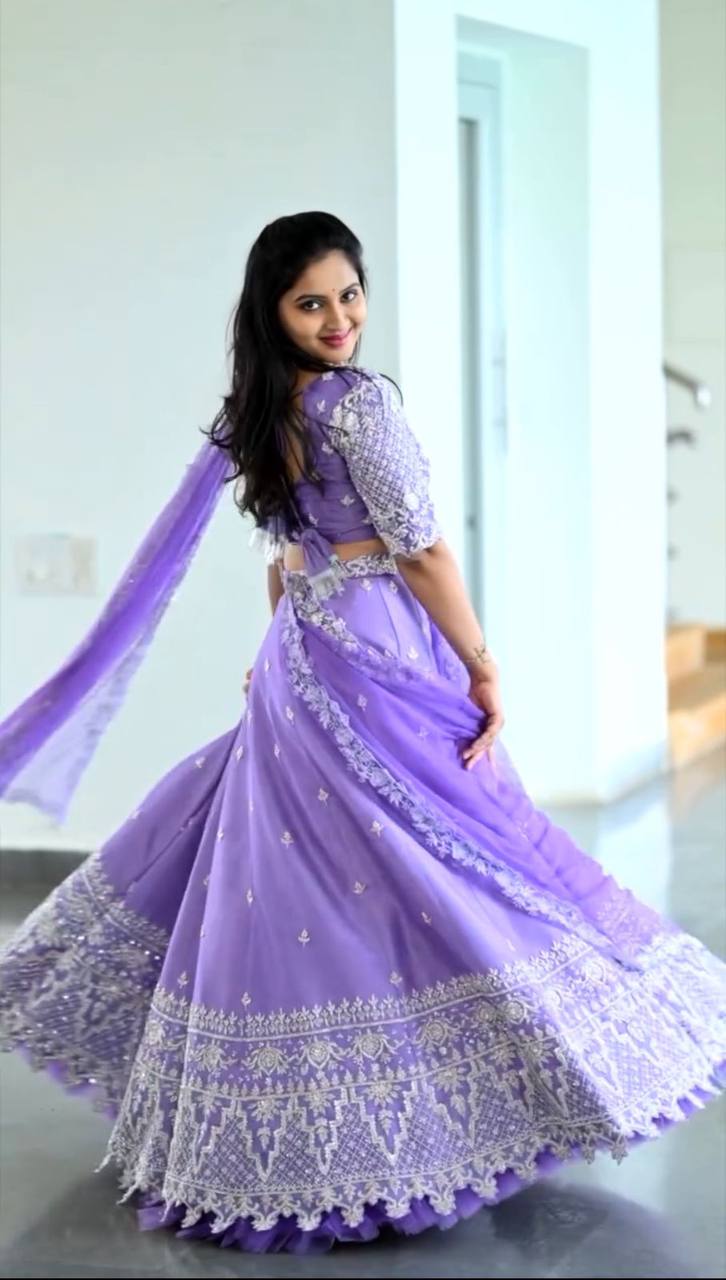 Ready to Wear Lavender Colour Embroidery Sequence Work Lehenga Choli Set