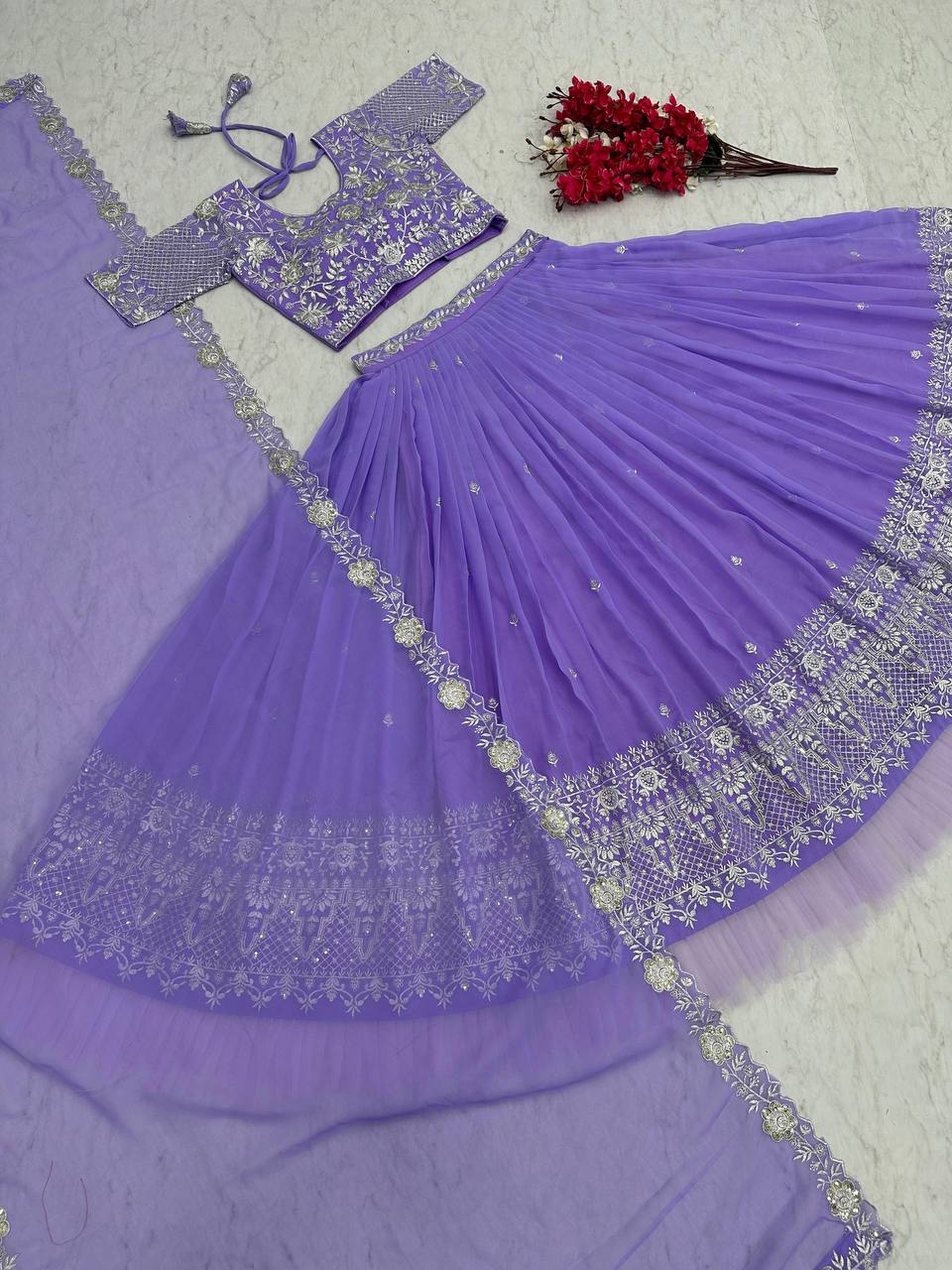 Ready to Wear Lavender Colour Embroidery Sequence Work Lehenga Choli Set