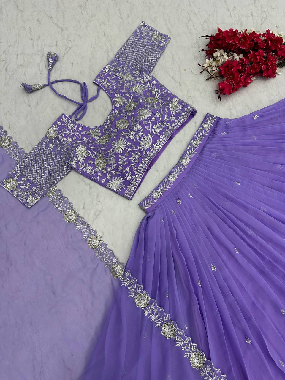 Ready to Wear Lavender Colour Embroidery Sequence Work Lehenga Choli Set