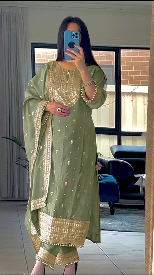 PISTA GREEN CHINON SILK ETHNIC SALWAR SUIT SET