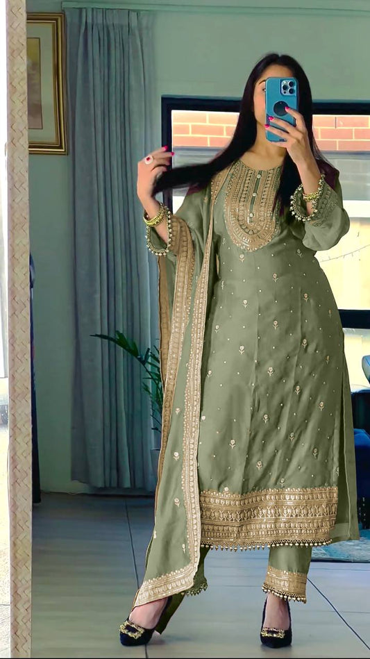 PISTA GREEN CHINON SILK ETHNIC SALWAR SUIT SET